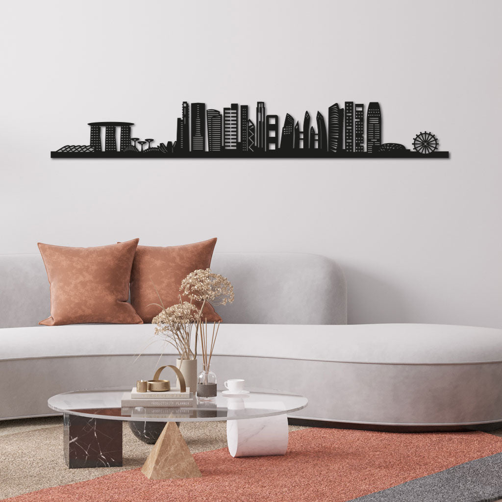 Singapore Skyline laser-cut in Matte Black reclycled acrylic on Seating Room's Wall