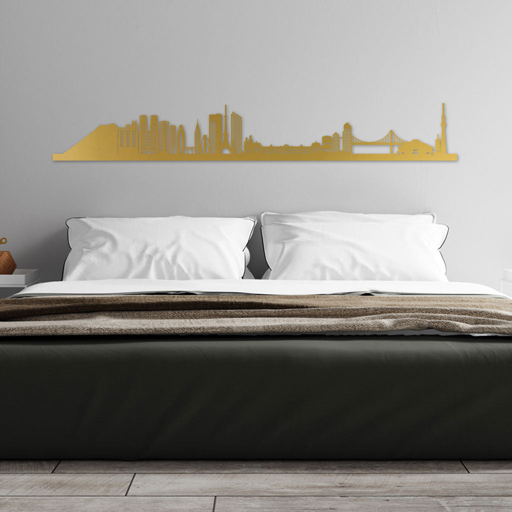 Tokyo Skyline laser-cut in Gold reclycled acrylic on Seating Room's Wall