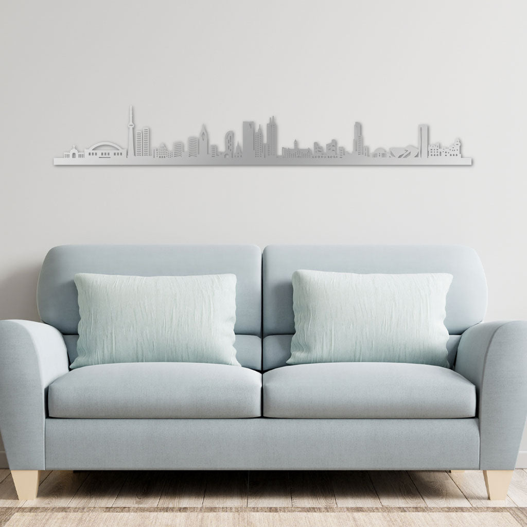 Toronto Skyline laser-cut in Silver reclycled acrylic on Seating Room's Wall