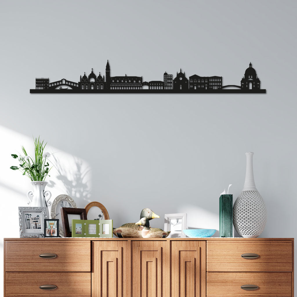 Venice Skyline laser-cut in Matte Black reclycled acrylic on Seating Room's Wall