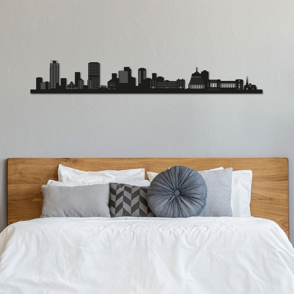 Wellington Skyline laser-cut in Matte Black reclycled acrylic on Seating Room's Wall