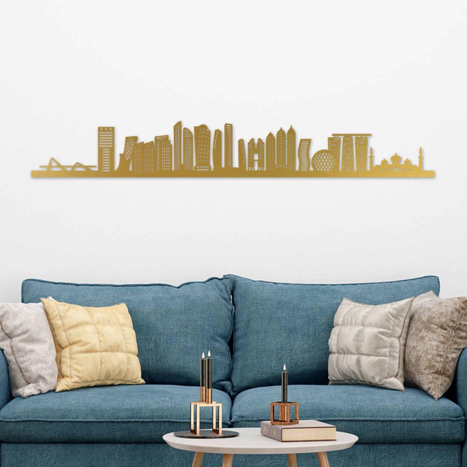 Abu Dhabi Skyline laser-cut in Gold reclycled acrylic on Seating Room's Wall