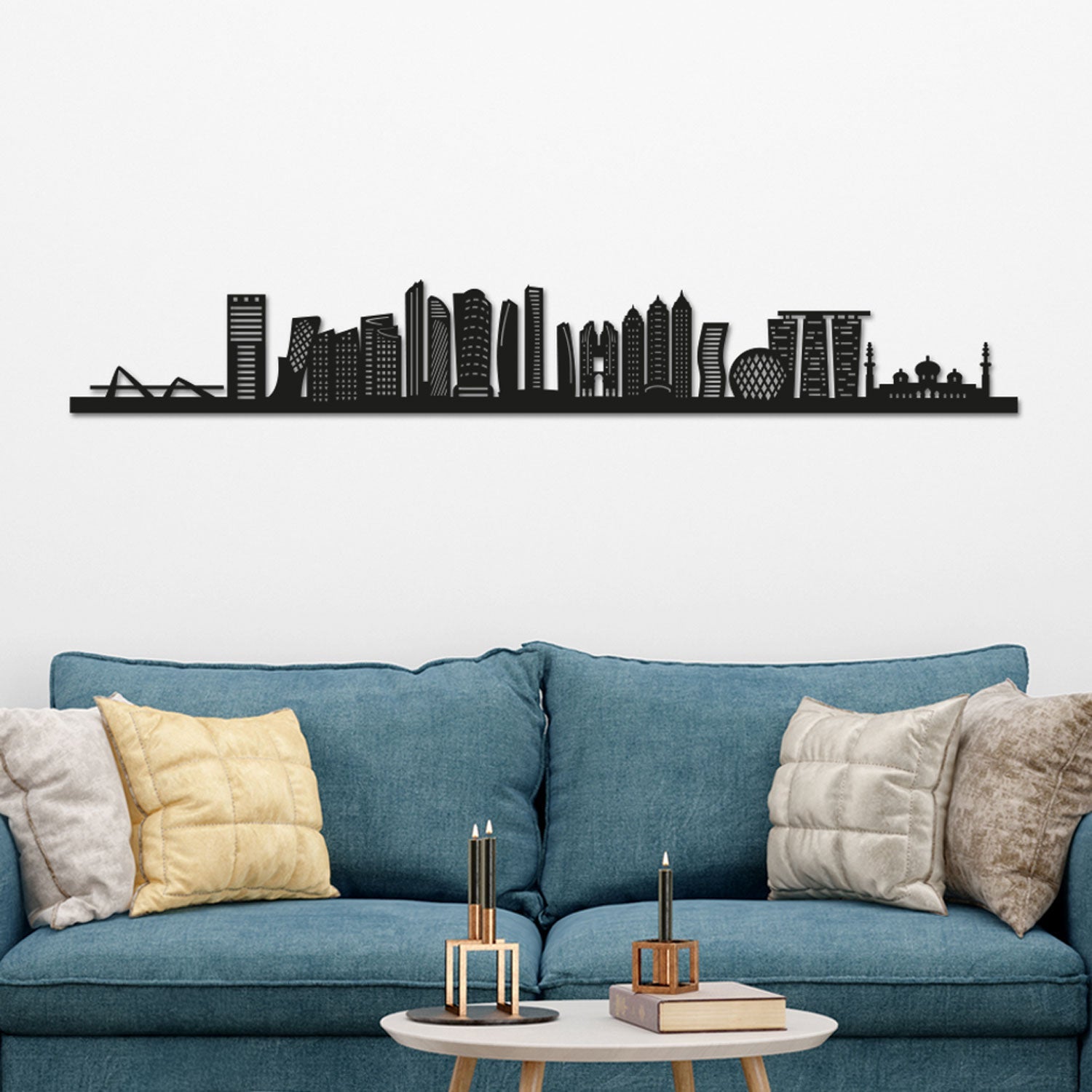 Abu Dhabi Skyline laser-cut in Matte Black reclycled acrylic on Seating Room's Wall