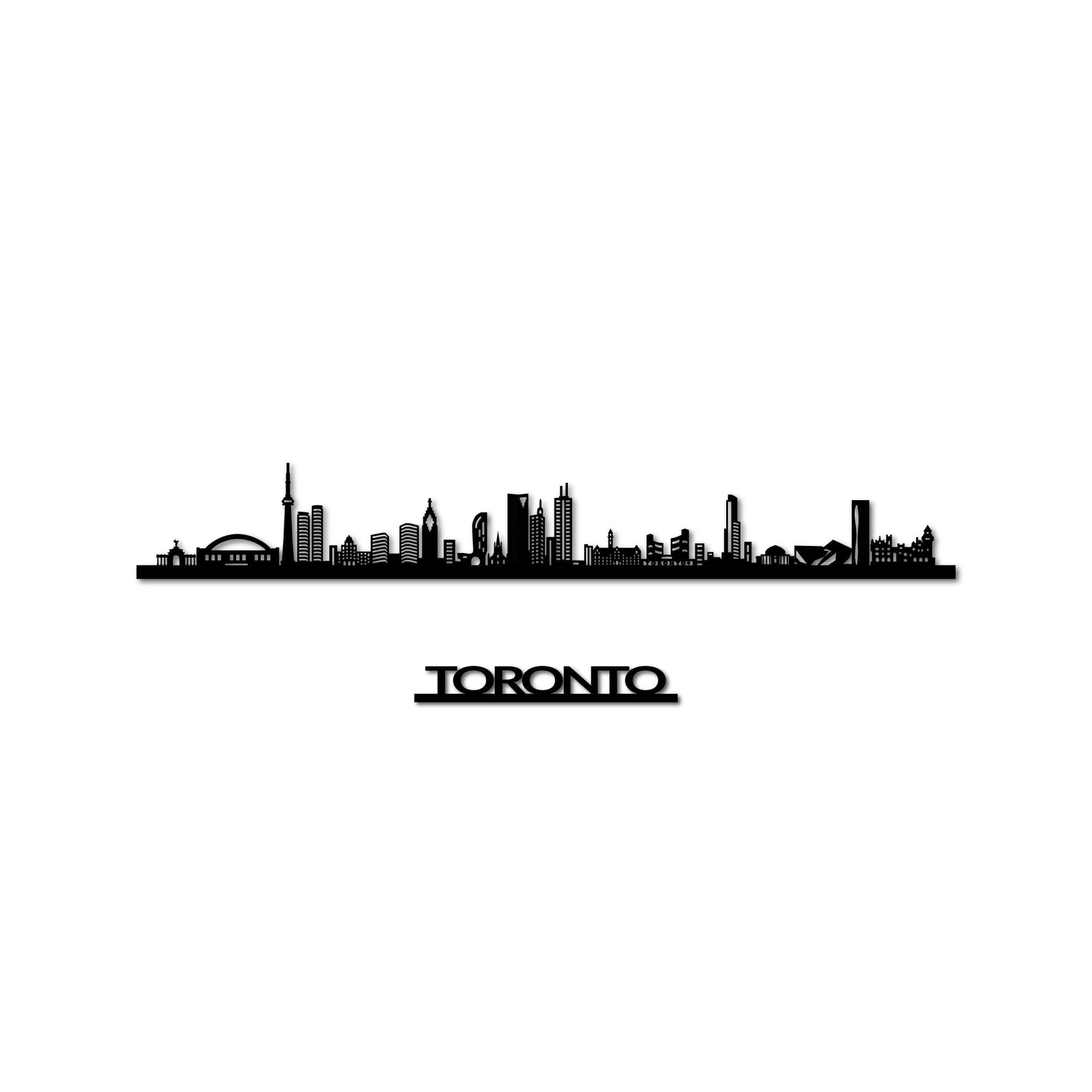 Toronto Skyline, Laser-cut in Matte Black Acrylic, with the City's Name Lettering Bellow, on a White Background