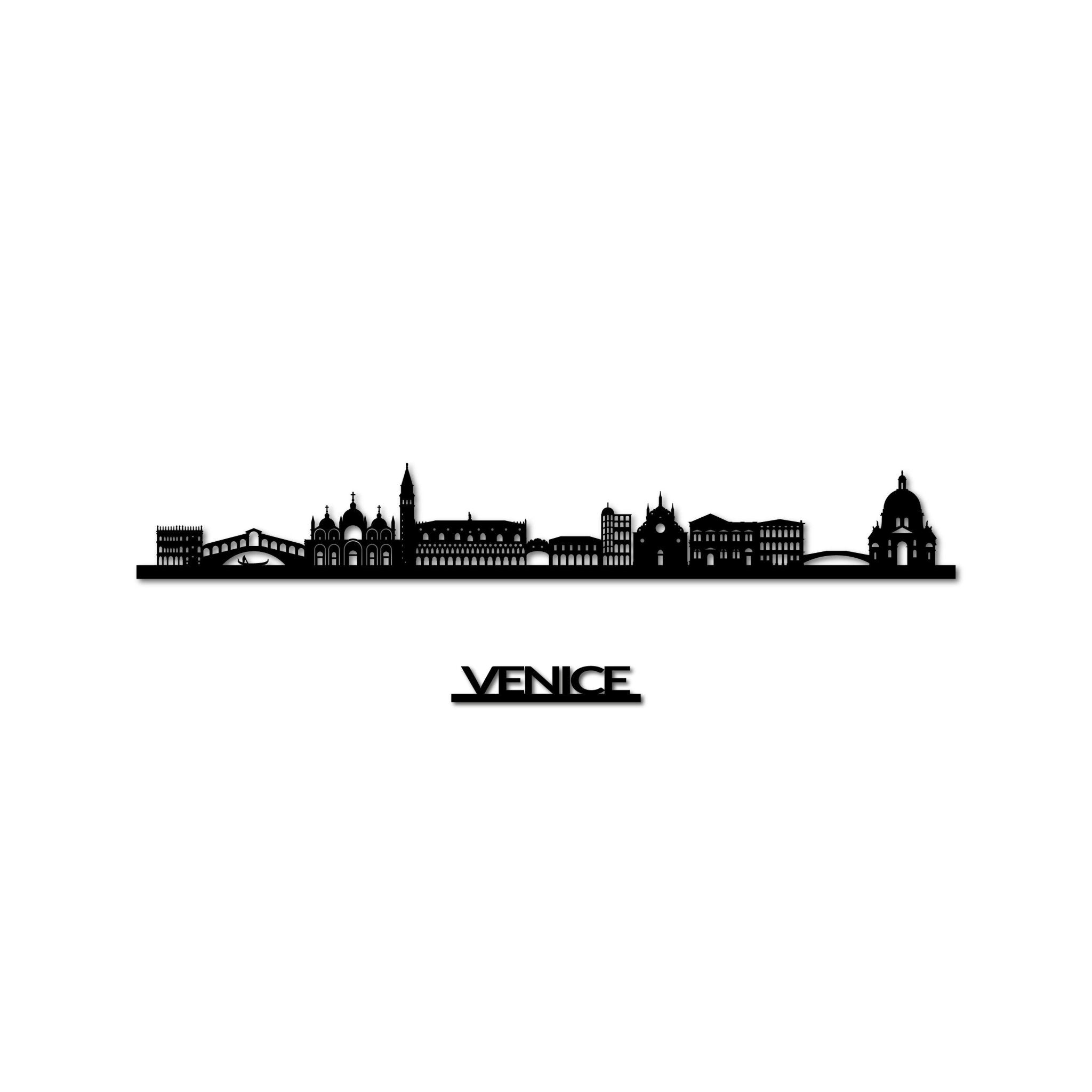 Venice Skyline, Laser-cut in Matte Black Acrylic, with the City's Name Lettering Bellow, on a White Background