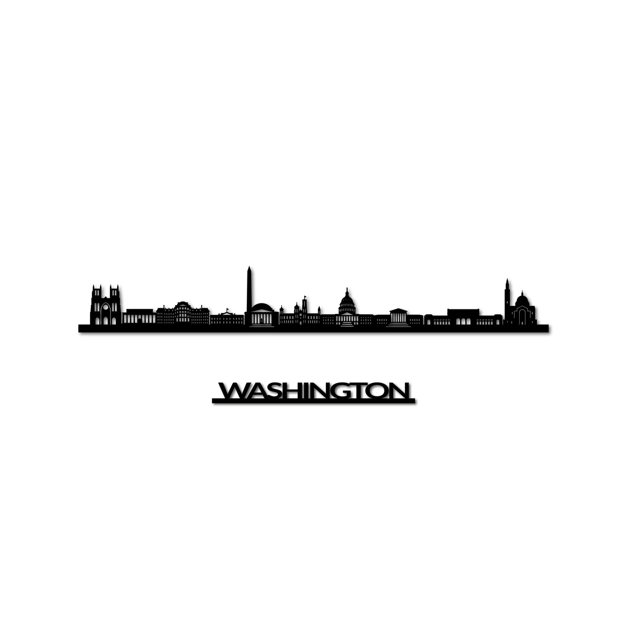 Washington DC Skyline, Laser-cut in Matte Black Acrylic, with the City's Name Lettering Bellow, on a White Background