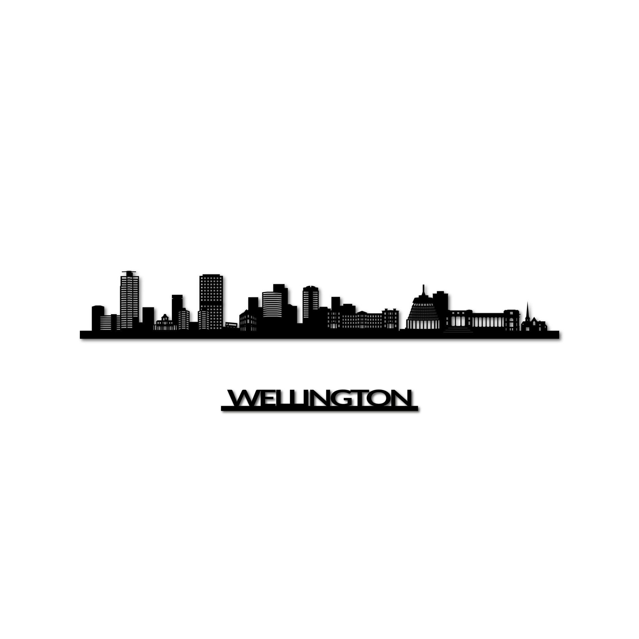 Wellington Skyline, Laser-cut in Matte Black Acrylic, with the City's Name Lettering Bellow, on a White Background